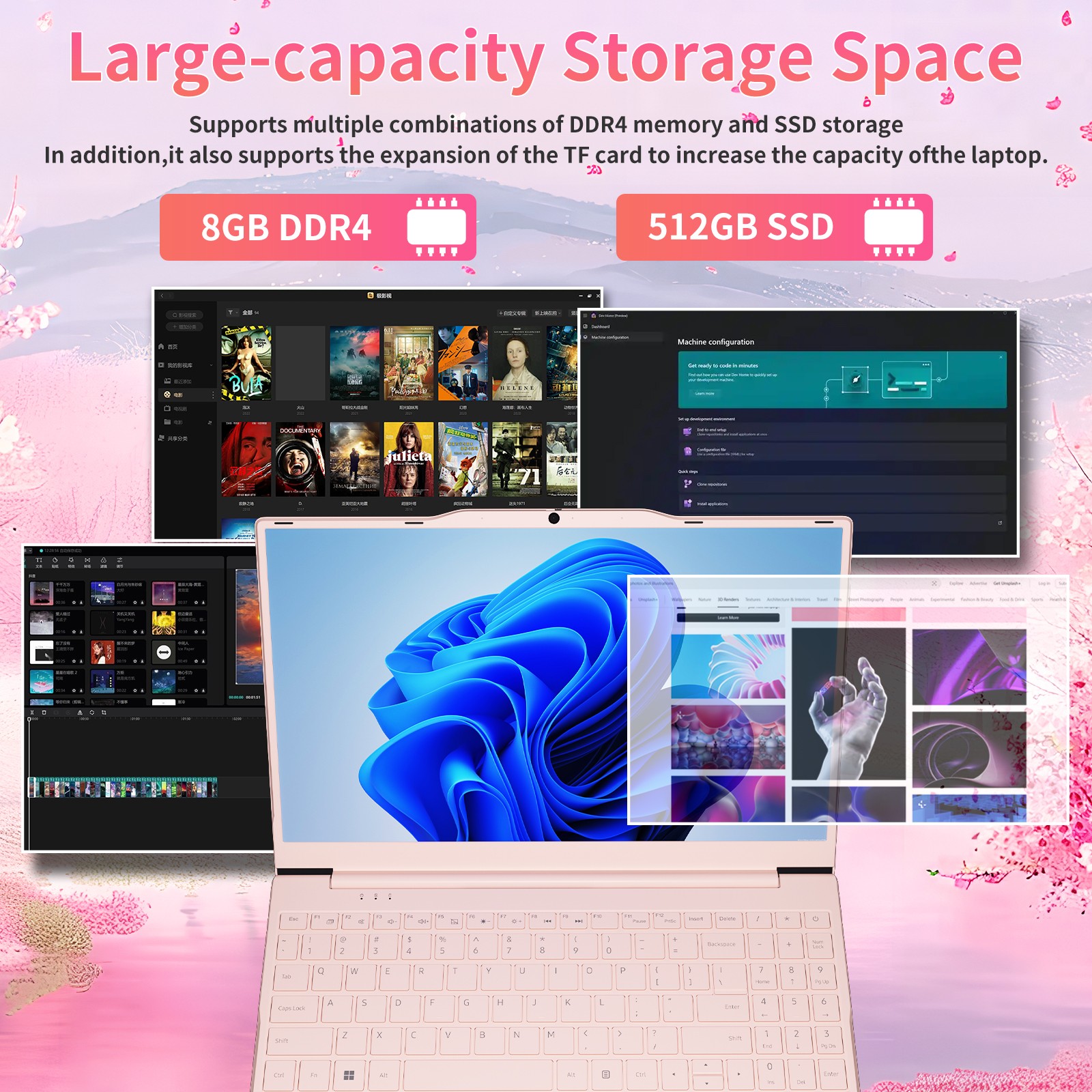 Thin Laptop 14.1″ FHD IPS N5095 Quad Core 8GB+512GB Privacy Camera Pink Notebook