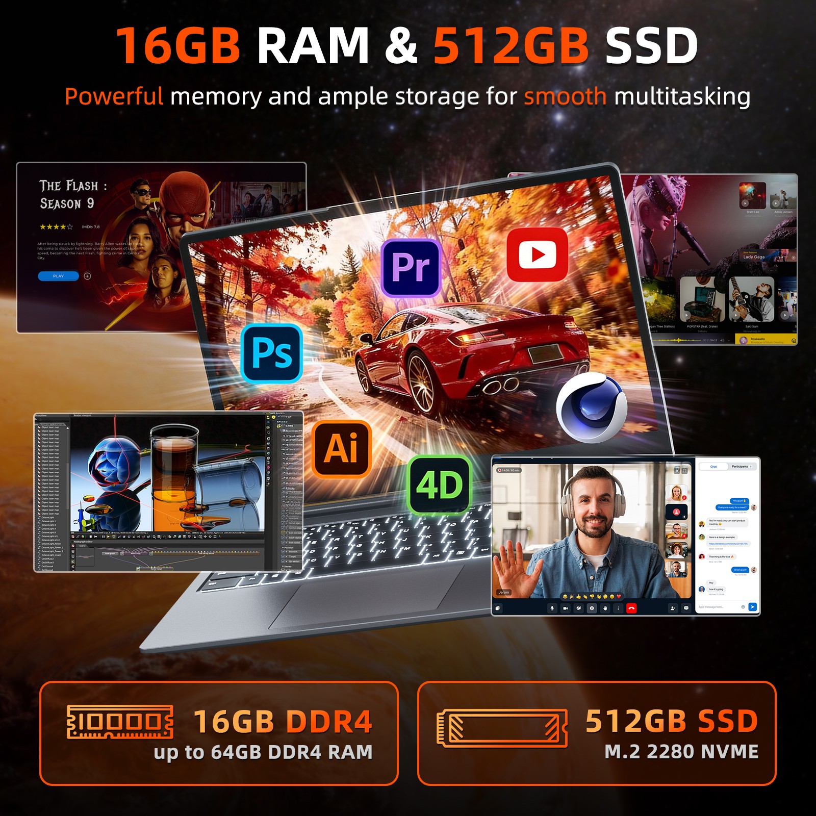 15.6″ Laptop Backlit Keyboard 16GB RAM 512GB SSD WiFi 6 HDMI USB-C RJ45 Win 11